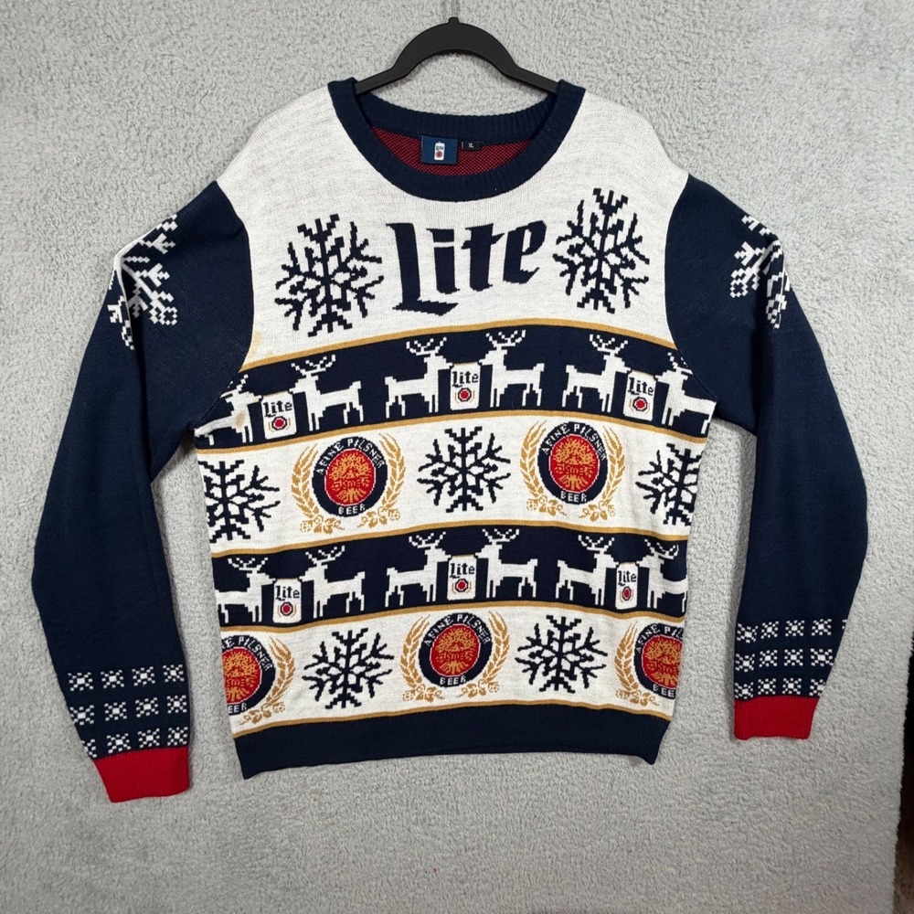Miller Lite Ugly Christmas Sweater Men's XL Reindeer Snowflakes Holiday‎ Beer